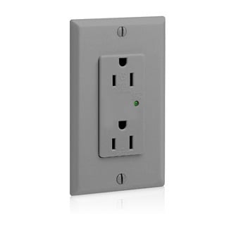 15-Amp, 125-Volt, Decora Plus Duplex Receptacle, Straight Blade, Industrial Grade, Self Grounding, Surge with Indicator Light, Gray