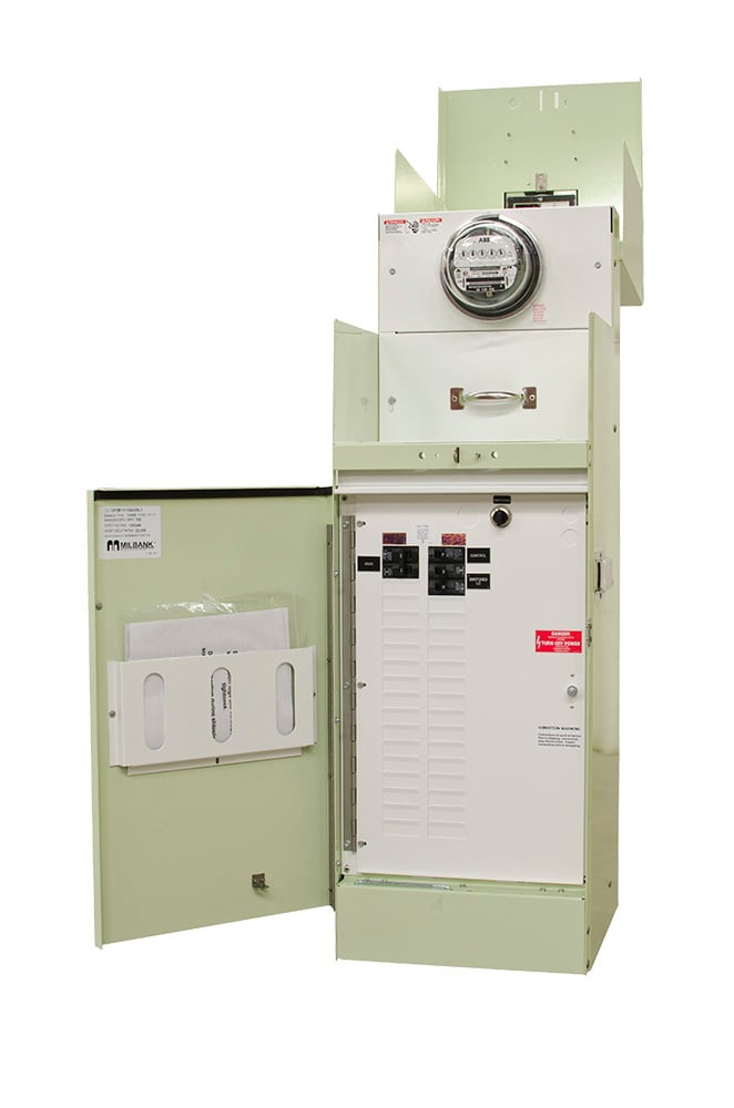 CP3B11110A22SL1 Ringed, 100 Amp, 240V, 4 Term, Main Circuit Breaker, 2-16 Circuit, Load Center, 22k, Switch Load, Mint Green