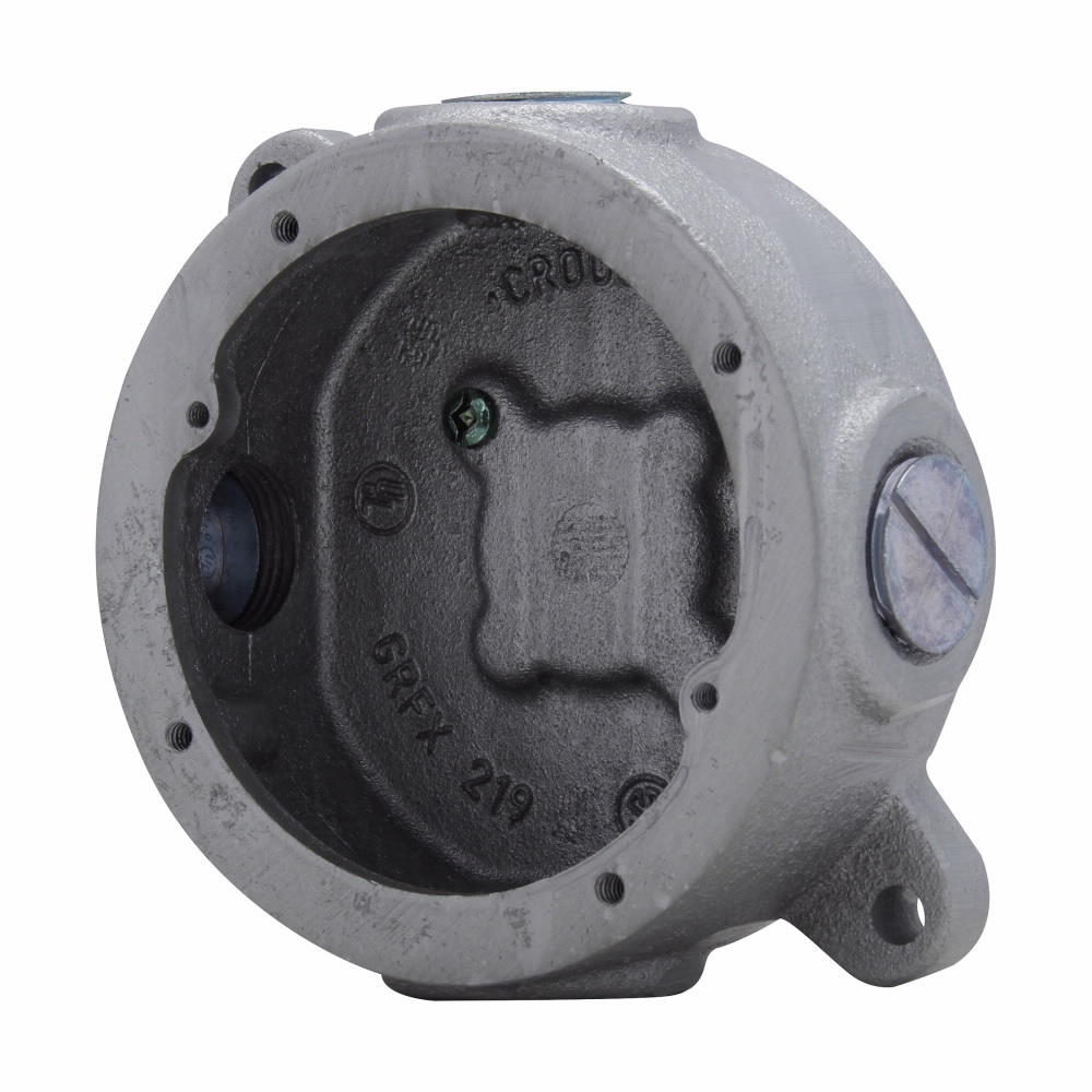 Eaton Crouse-Hinds series Condulet GRF tapped outlet box with lugs, 2-1/16" inside depth, Copper-free aluminum, Surface mount, 4 hubs, 3 plugs, Blank back boss, 1"