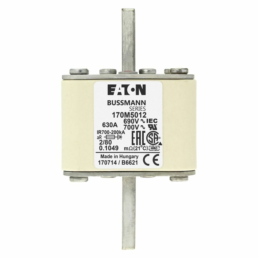 Fuse-link, high speed, 630 A, AC 690 V, DIN 2, 61 x 61 x 108 mm, aR, DIN, IEC, single indicator, 80 mm fixing centres