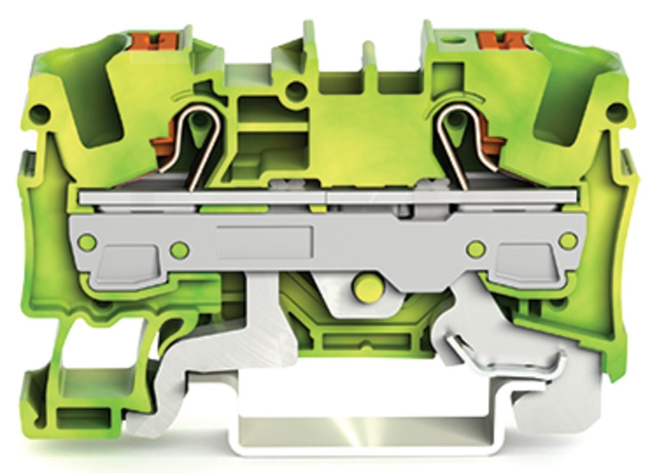 2-conductor ground terminal block; with push-button; 6 mm; with test port; side and center marking; for DIN-rail 35 x 15 and 35 x 7.5; Push-in CAGE CLAMP; 6,00 mm; green-yellow