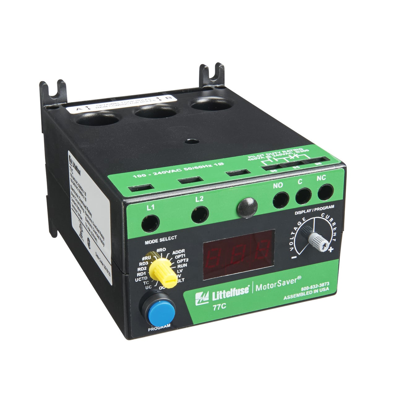 The 777/ 77C is a fully programmable electronic overload relay designed to protect any motor drawing 2-800 full load amps (external CTs are required above 90 amps). The 777-HVR-SP and 77C (family of products) are for single-phase 100-240VAC applications. Common applications include conveyor systems, HVAC equipment, saws and grinders, fan motors, and almost any pumping application. All of the overload relays provide unsurpassed protection by combining overload, underload, and voltage in one package. For standalone applications, the units incorporate a 3-digit LED display that is used for programming, providing real-time operational information and displaying diagnostic codes to aid in troubleshooting a fault condition. The units also feature a communications port that can be used with communication modules listed in the 777 accessories section to form a Modbus, DeviceNet, Profibus, or Ethernet network. Up to 99 units can be remotely monitored and controlled from a PC, PLC, or SCADA system, and data logging through a PC with the optional Solutions software. This capability allows for a simple, cost-effective way to meet new requirements for arc-flash safety.