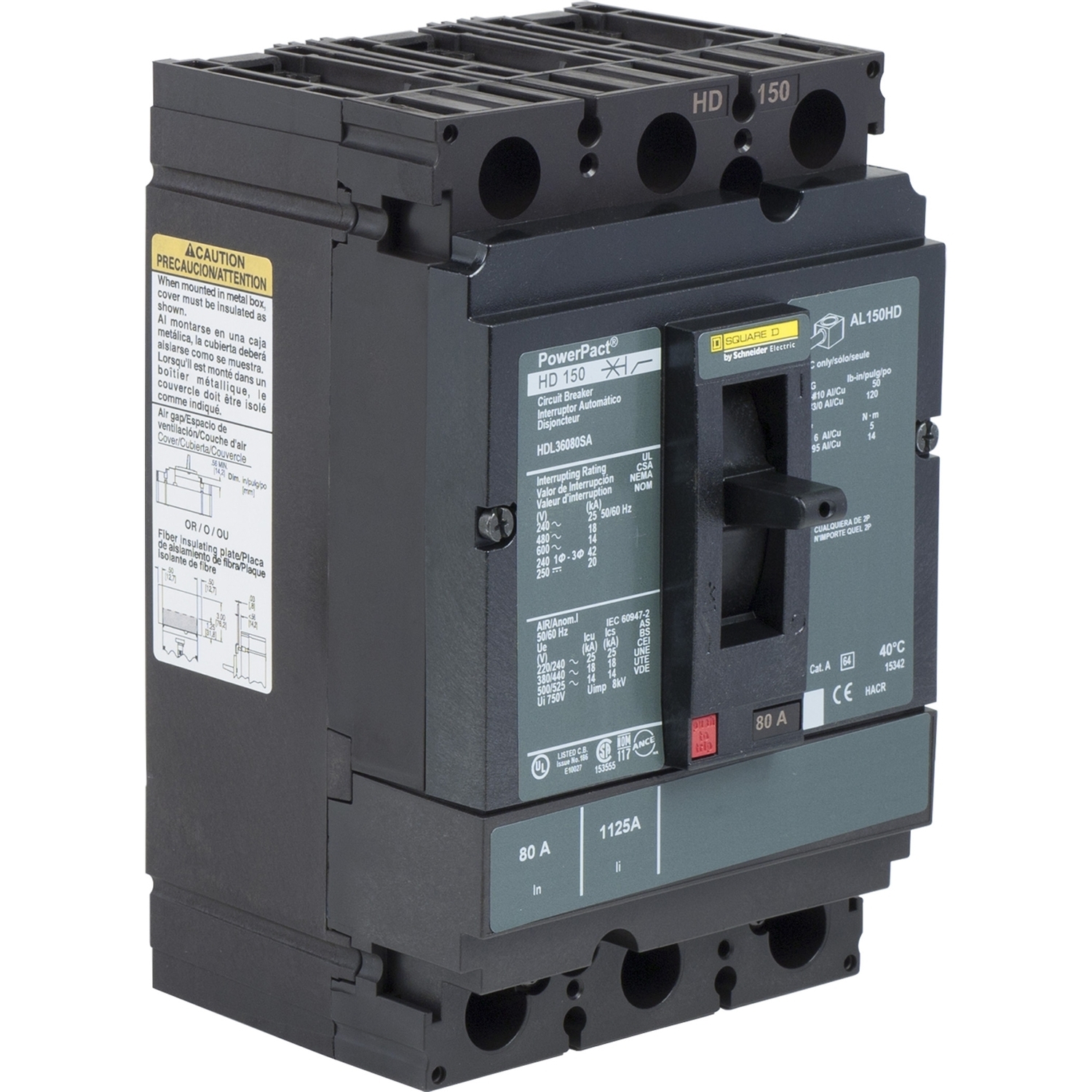 Circuit breaker, PowerPacT H, 60A, 3 pole, 600VAC, 14kA, lugs, thermal magnetic, 80%, shunt