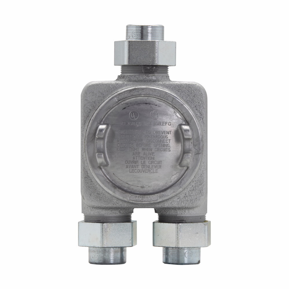 Eaton Crouse-Hinds series GUAG junction box, 3/4" bottom hub, Feraloy iron alloy, 3 hubs, 3/4" top hub