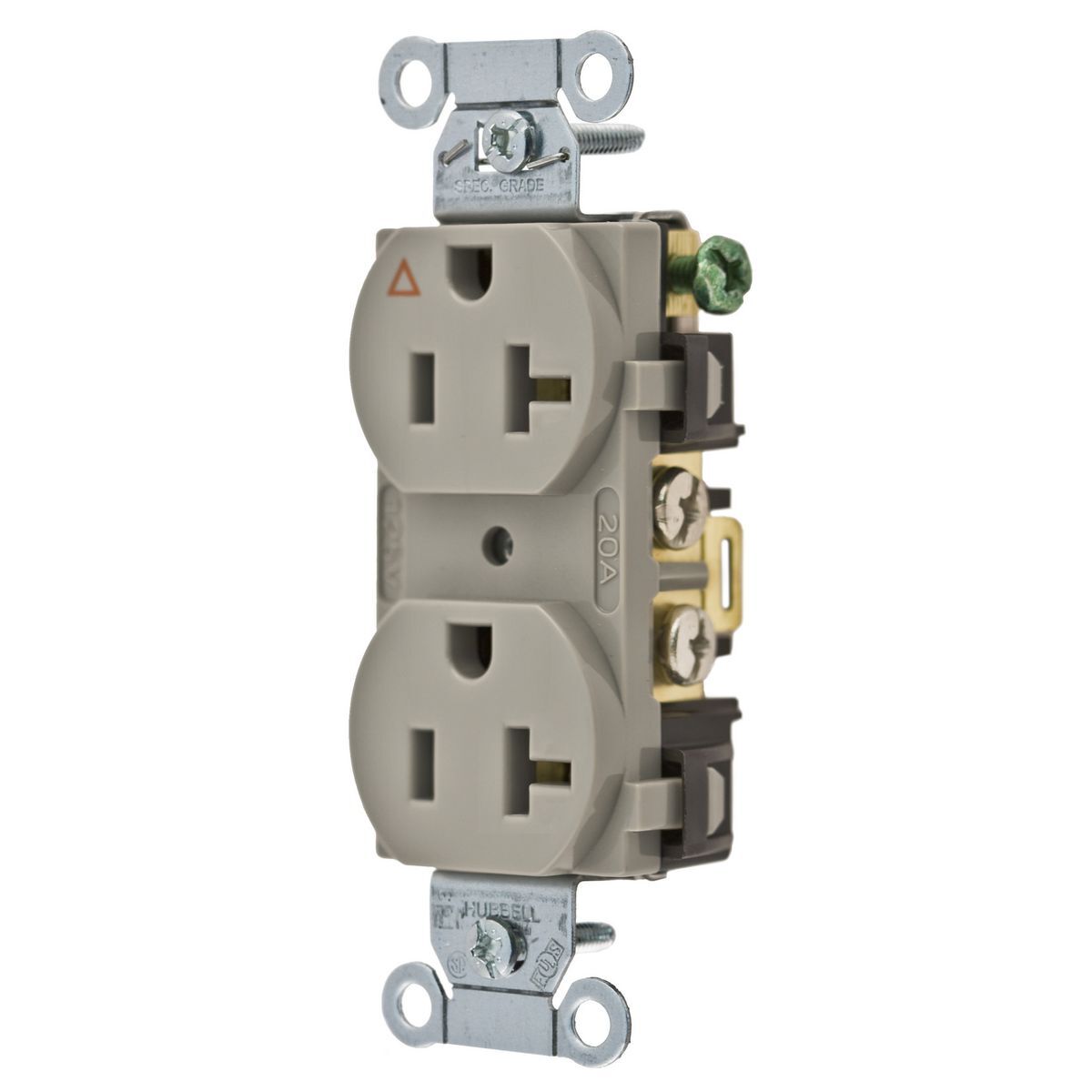 Straight Blade Duplex Receptacle, Isolated Ground, Commercial Grade, 2-Pole 3-Wire Grounding, 20A 125V, 5-20R, Back and Side Wired