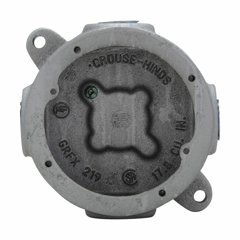 Eaton Crouse-Hinds series Condulet GRF tapped outlet box with lugs, 2-1/16" inside depth, Feraloy iron alloy, Surface mount, 4 hubs, 3 plugs, Blank back boss, 1/2"