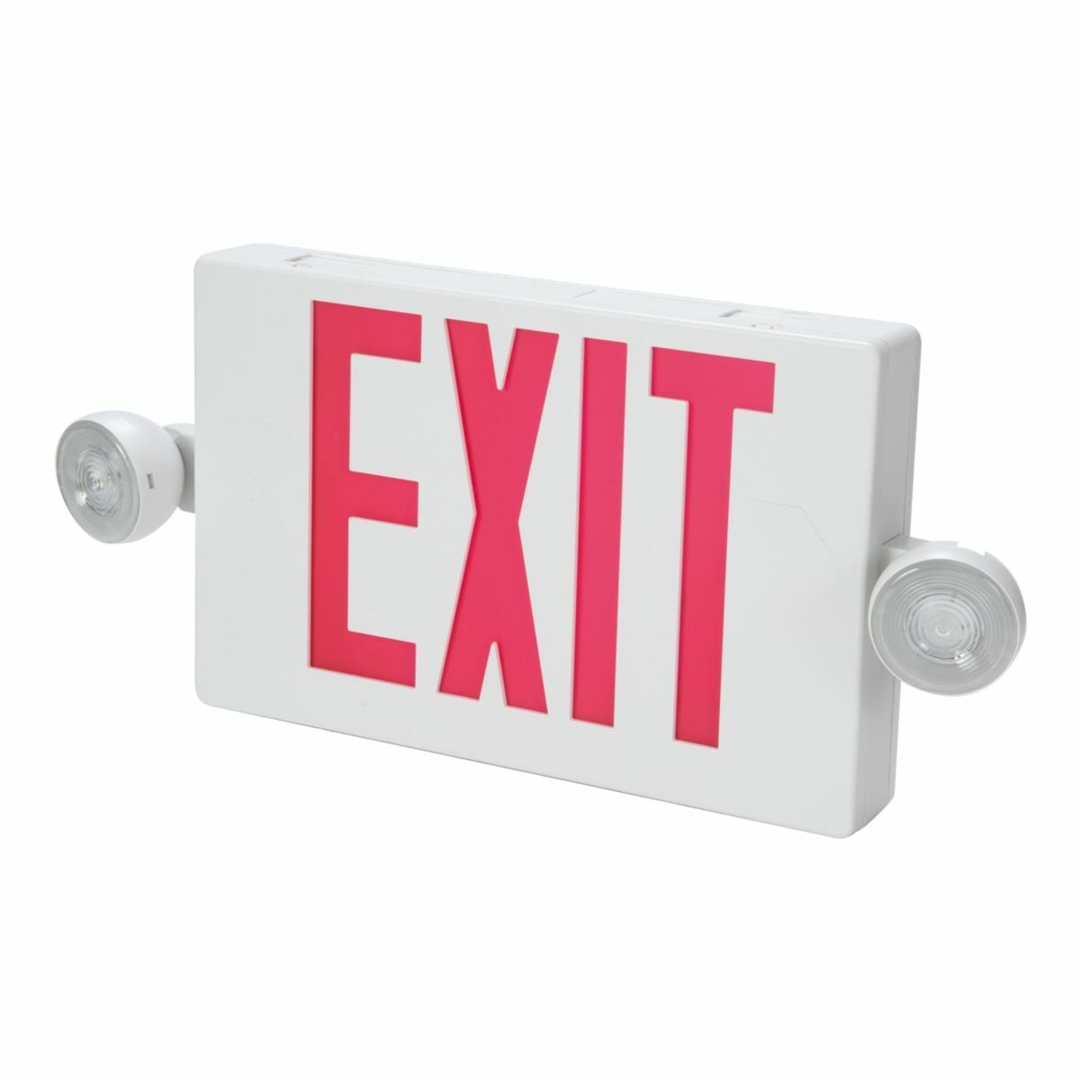 Combo Unit, White Housing, Led-Exit, (2) LED Emergency Light Heads, Universal Face Green Letters