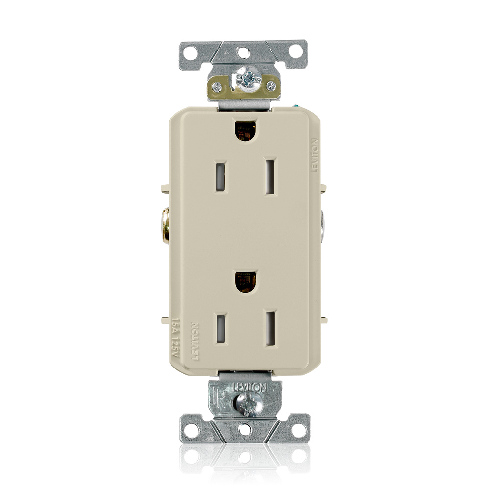 15 Amp, 125 Volt, Decora Plus Duplex Receptacle, Straight Blade, Tamper Resistant, Commercial Grade, Self Grounding, Ivory