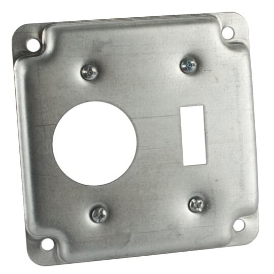 Square Box Surface Cover, 5 Cubic Inches, 4 Inch Square x 1/2 Inch Deep, 1-13/32 Inch Diameter Hole, Galvanized Steel, For use with One Toggle Switch and One Single Receptacle