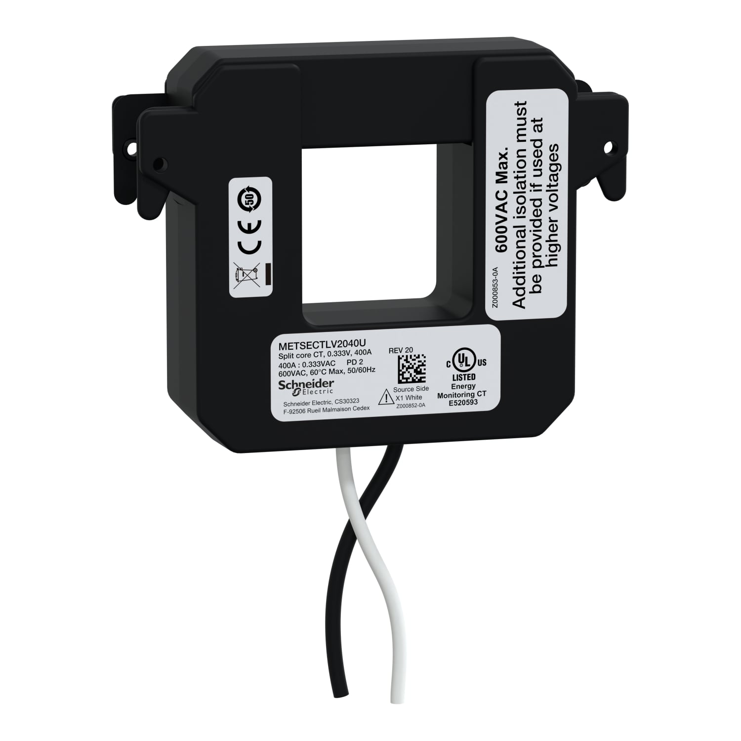 split core current transformer, PowerLogic UL2808 CT, 400A, 0.333V output, 8ft lead