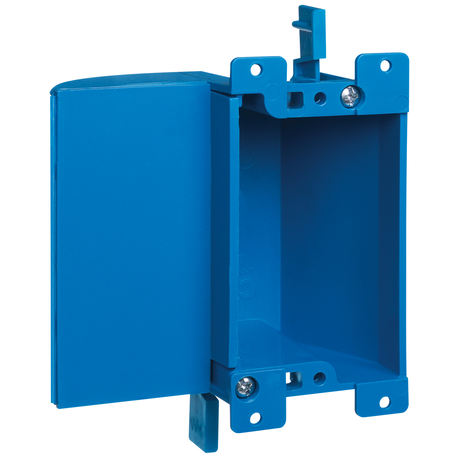 One-Gang Old Work Outlet Box, Volume 17 Cubic Inches, Length 3.64 Inches, Width 4.07 Inches, Depth 2 Inches, Color Blue, Material PVC, Mounting Means Mounting Ears and Swing Clamps, with Access Panel
