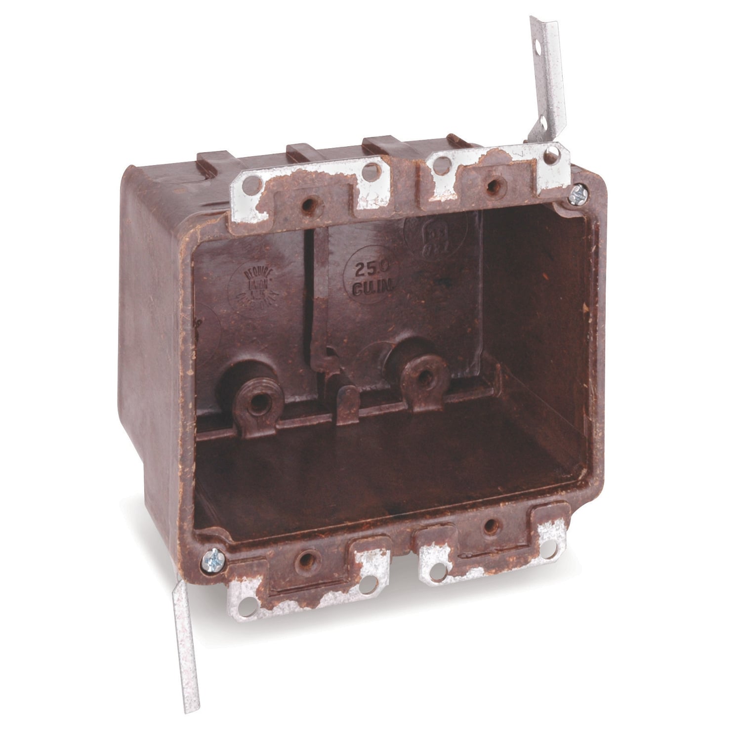 Two-Gang Bracket Outlet Box, Volume 25 Cubic Inches, Length 3-3/8 Inches, Width 4-3/16 Inches, Depth 2-1/2 Inches, Color Brown, Material Phenolic, Mounting Means Ears and #4 Swing Bracket, with High Clamps