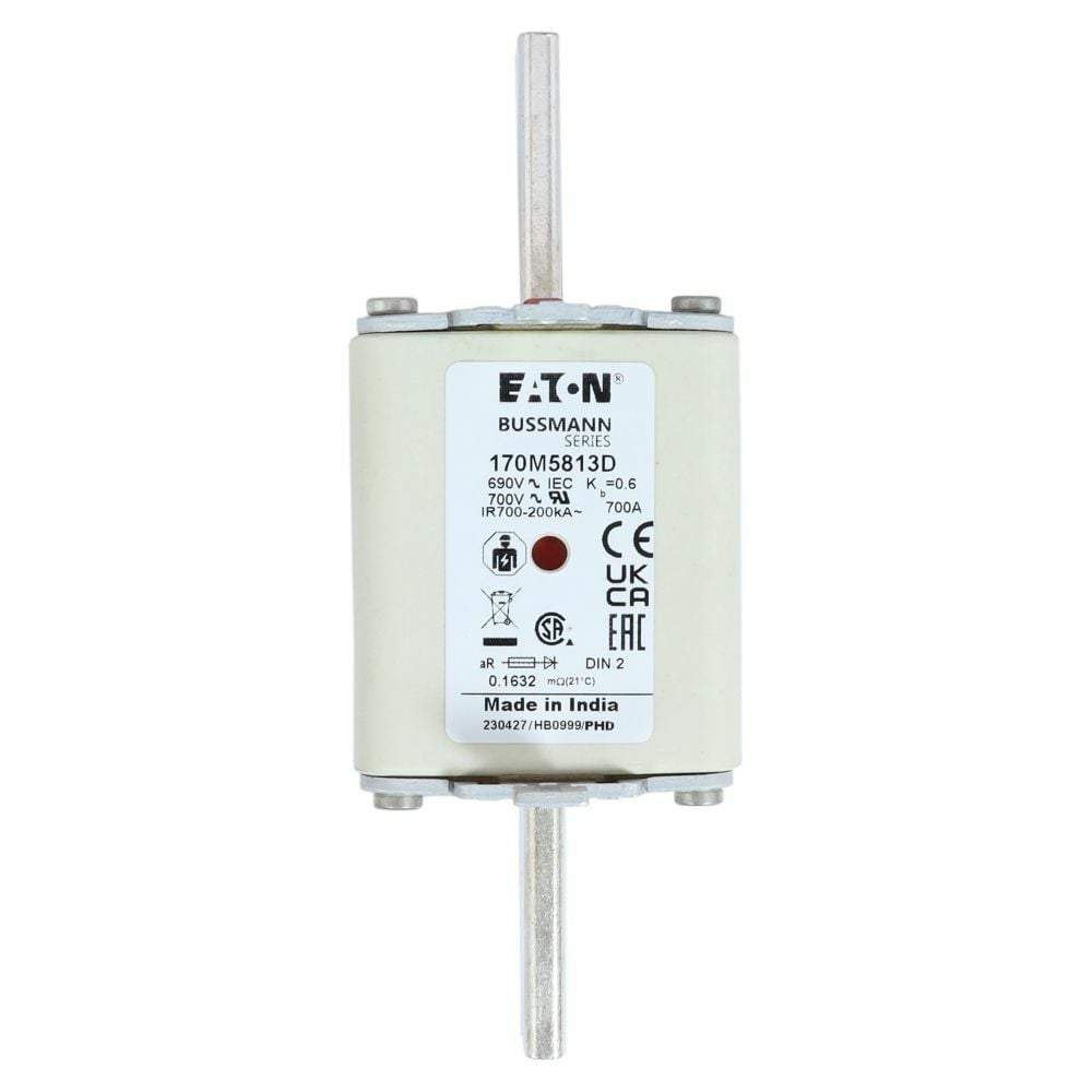 Eaton Bussmann series high speed square body fuse, 700V (UL), 690V (IEC), 700A, 200 kAIC, Combination fuse status indicator, Fuse, Din 43-620 blade end X Din 43-620 blade end, Class aR