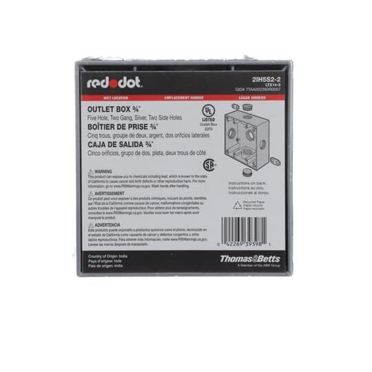 Two Gang Universal Weatherproof Box, 31 Cubic Inches, Hub Size 3/4 Inch, Silver, Aluminum, 5 Outlets (2-Sides) with 1 on Top, Bottom, Both Sides, and Back