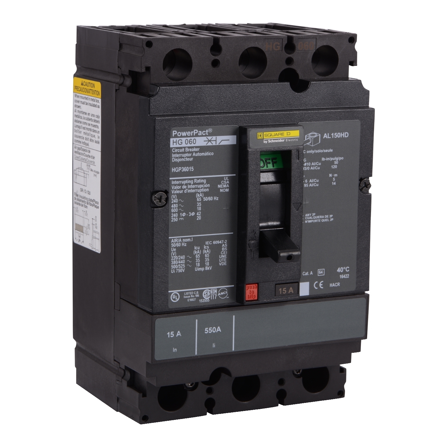 Circuit breaker, PowerPacT H, 125A, 3 pole, 600VAC, 18kA, lugs, thermal magnetic, 80%