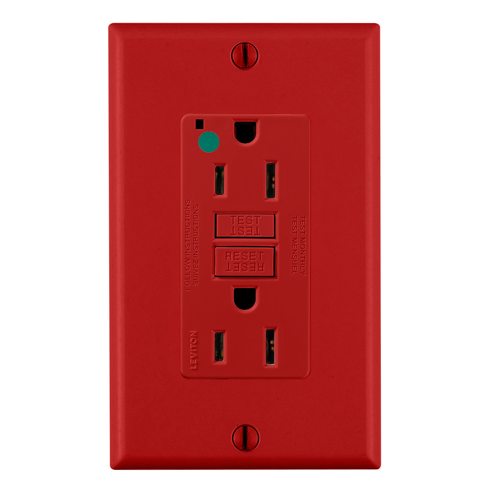 15 Amp, 125 Volt, SmartlockPro Slim Self-Test GFCI Receptacle, NAFTA Compliant Fed Spec, Hospital Grade, NEMA 5-15R, 20A Feed-Through, 2P, 3W, Matching Wallplate Included - RED