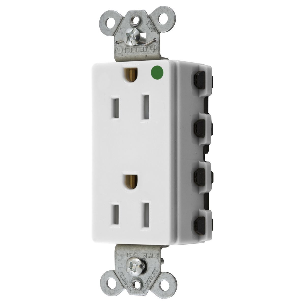 Straight Blade Devices, Receptacles, Style Line Decorator, SNAPConnect, Hospital Grade, Tamper Resistant, 15A 125V, 2-Pole 3- Wire Grounding, 5-15R, Nylon, White, USA