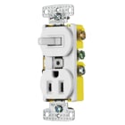 Switches and Lighting Controls, Combination Devices, Residential Grade, 1) Single Pole Toggle, 1) Single Receptacle, 15A 120V AC, Self Grounding, Side Wired, White