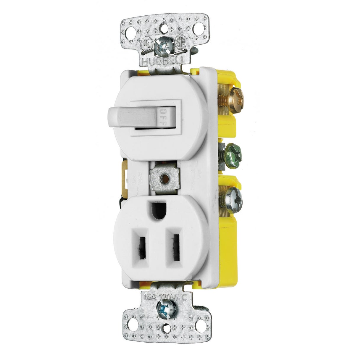 One Single-Pole Toggle One Single Receptacle Combination Device, Residential 15A 120V AC, Self Grounding, Side Wired