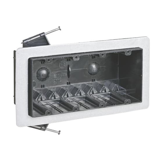 Four-Gang Vapor-Tight Box, Volume 60 Cubic Inches, Length 3-1/2 Inches, Width 7-1/2 Inches, Depth 2-3/4 Inches, Color Black, Material Polycarbonate, Mounting Means Angled Side Nails