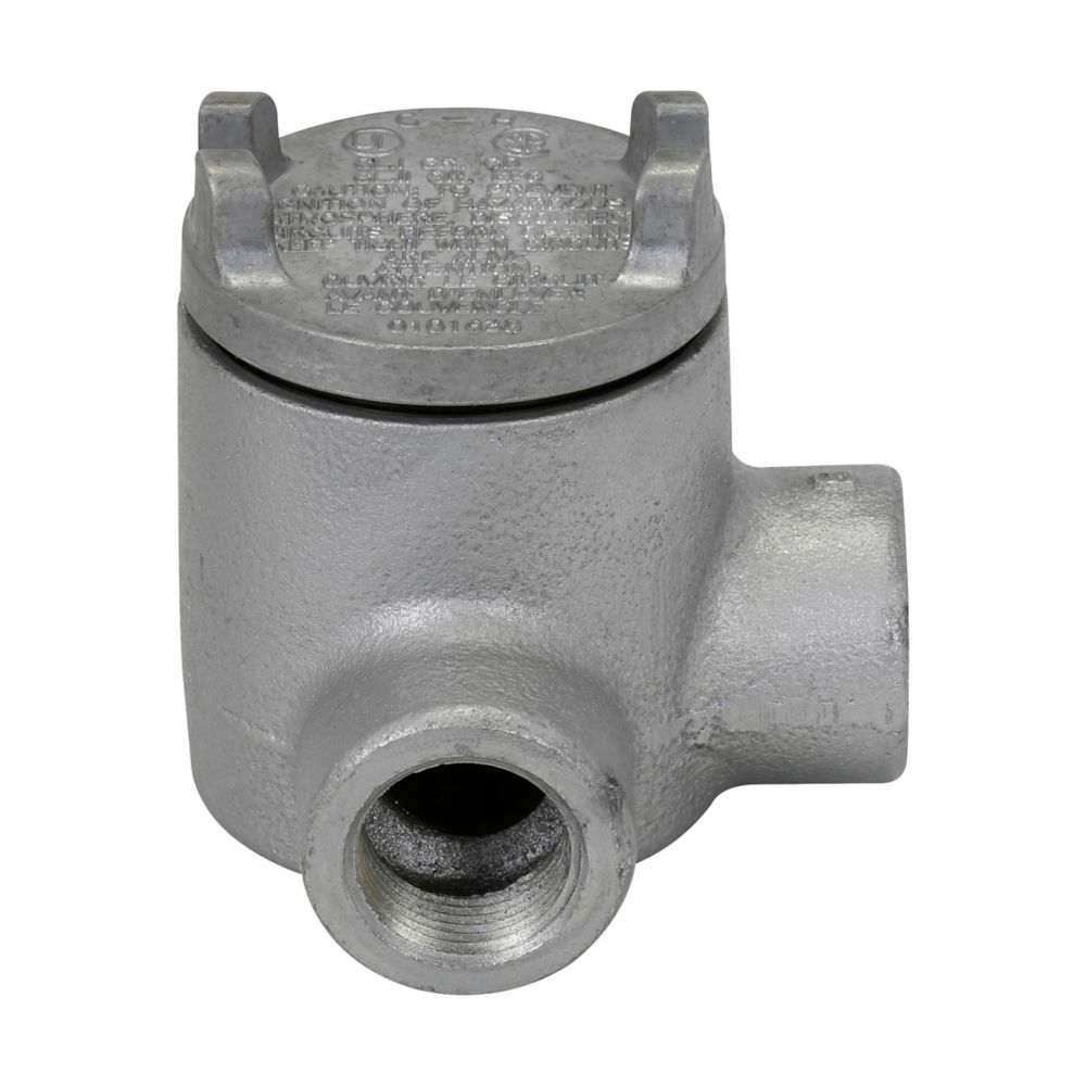 Eaton Crouse-Hinds series Condulet GUA conduit outlet box with cover, 3" cover opening diameter, Feraloy iron alloy, L shape, 1/2"