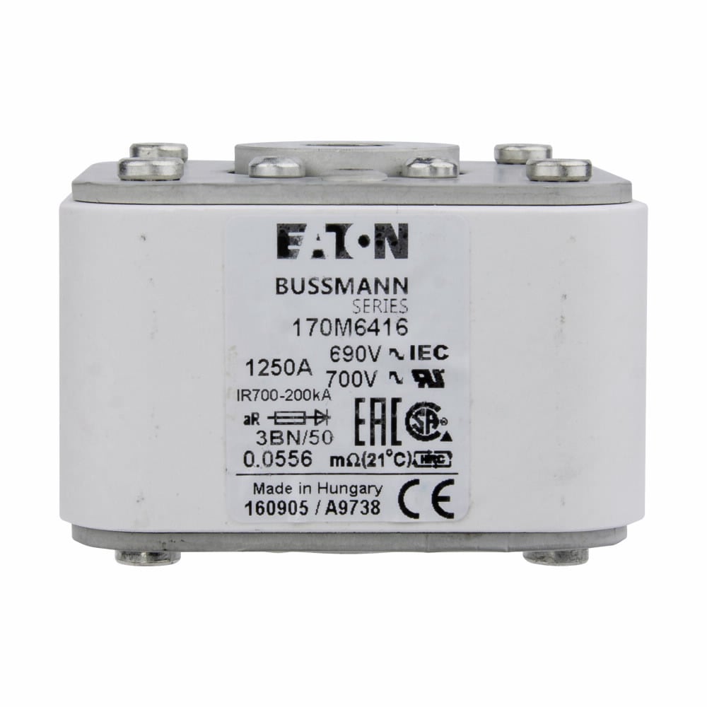 Eaton Bussmann series high speed square body fuse, 1250A, Class aR,,Flush,Standard,Clearing at 660V: 1950000,square body with flush end contacts,Top fuse status indicator,290000,140W, 200 kAIC