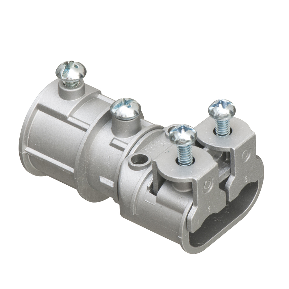 SADDLE GRIP duplex zinc diecast couplings save time and money by allowing an installer to easily transition from 3/4 inch EMT to 3/8 inch trade size flexible metal cables.
