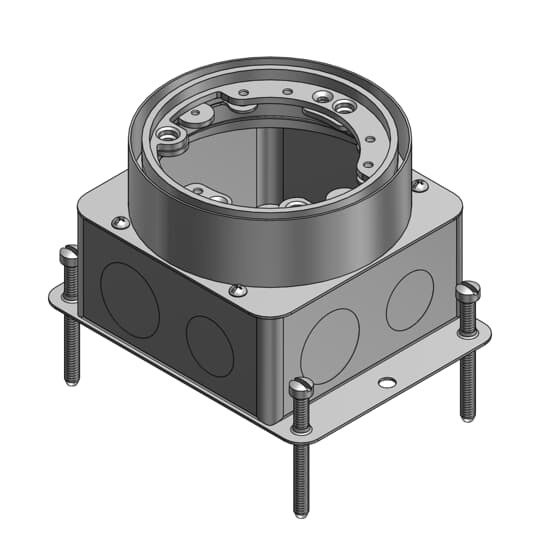 Single Gang Deep Flush Service Floor Box, 60 Cubic Inches, Length 4-11/16 Inches, Width 4-1/4 Inches, Depth 3-5/8 Inches, 1/2 Inch 3/4 Inch and 1 Inch Knockouts, Galvanized Steel, with Aluminum Trim Ring, For Power or Communications/Data