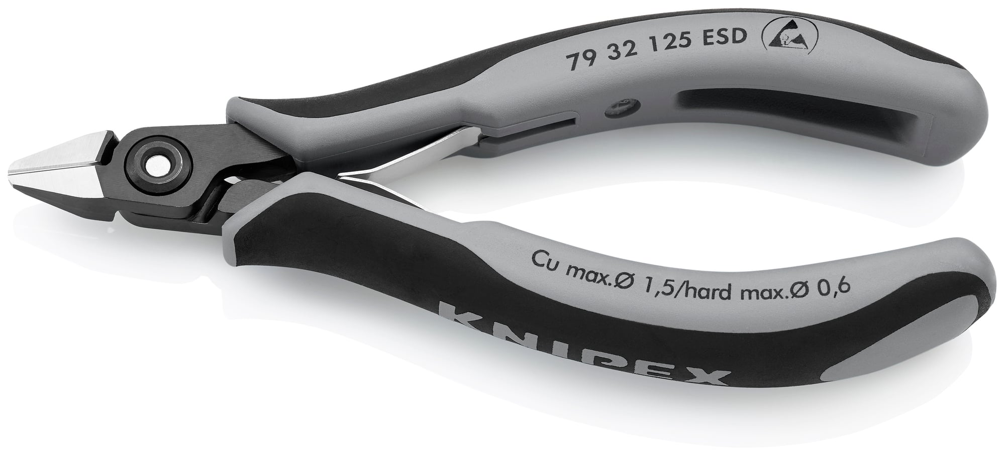 Electronics Diagonal Cutters-ESD Handles, 5 in., Multi-Component, Polished, Semi-Flush with very Small Bevel Cut, Tapered, Up to 1/64 in. Hard Wire