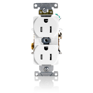 15 Amp, 125 Volt, NEMA 5-15R, 2P, 3W, Duplex Receptacle, Tamper-Resistant, Straight Blade, Fed Spec, Heavy Duty Industrial Specification Grade, Self-Grounding, Back & Side Wired, Steel Strap  WHITE