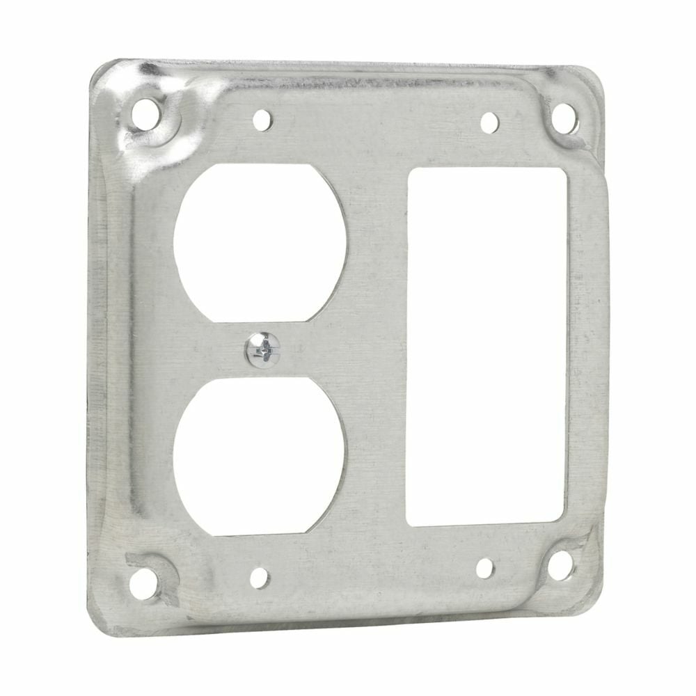 Eaton Crouse-Hinds series Square Surface Cover, 4", Raised surface, Steel, For one duplex receptacle and one GFCI receptacle, 5.5 cubic inch capacity
