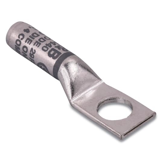 Copper One-Hole High Voltage Lug, Long Barrel, Blind End, Max 15kV, Wire Size #4 AWG, 3/8 Inch Bolt Size, Tin Plated, Die Code 29R, Die Color Code Gray Rounding