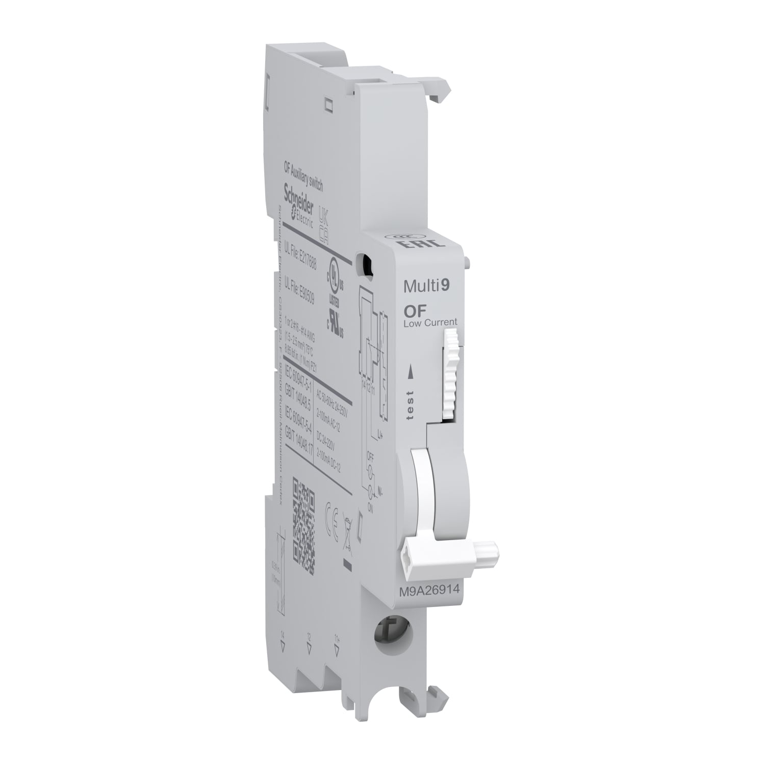 Auxiliary contact, Multi9 M9A, OF, 1 C/O, 2mA to 100mA, 24VAC to 250VAC, 24VDC to 220VDC, bottom connection