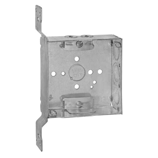 Square Box, 21 Cubic Inches, 4 Inch Square x 1-1/2 Inch Deep, 1/2 Inch and 3/4 Inch Eccentric Knockouts, Pre-Galvanized Steel, Non-Metallic Cable Clamp (C-5) and CV Bracket Mounted Flush, for use with Non-Metallic Sheathed Cable