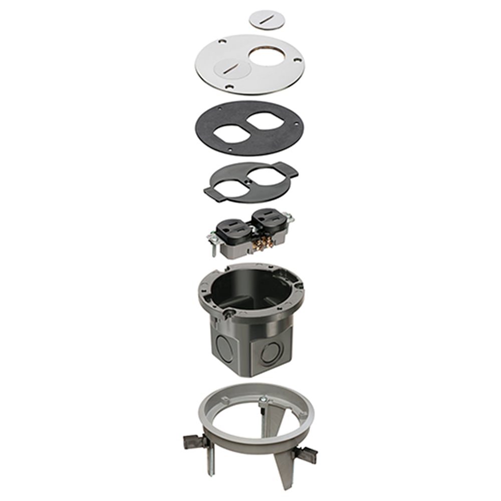 Nickel, round cover kit box with threaded plugs and blank cover.