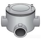 OZ-Gedney Type GUAT Conduit Outlet Box, Number Of Outlet: 3, Malleable Iron Body, Copper-Free Aluminum Cover, Size: 1/2 IN, Cable Entry: (3) 1/2 IN Hubs, 13.5 CU-IN Capacity, No, 3 IN Cover Opening, Finish: Zinc Electroplated With Aluminum Enamel, 3-5/8 IN Width, 2 IN Depth, 3-5/8 IN Height, NEMA Rating: NEMA 4, 7CD, 9EFG, Third Party Certification: UL File Number E-30513, Class I, Division 1, 2, Groups C, D, Class I, Zone 1, 2, Groups IIA, IIB, Class II, Division 1, 2, Groups E, F, G, Class III, CSA 020945, Applicable Third Party Standards: UL 886, CSA C22.2 Number 30, NEC Articles 500-503 And 505, Military Specification Mil-F-28675, Federal Specification A-A-50563, For Rigid Conduit And IMC