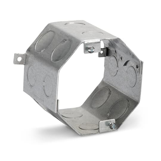 Octagon Concrete Box, 41 Cubic Inches, 4 Inch Diameter x 3-1/2 Inch Depth, 1/2 Inch and 3/4 Inch Knockouts, Pre-Galvanized Steel, Drawn Construction, For use with Conduit