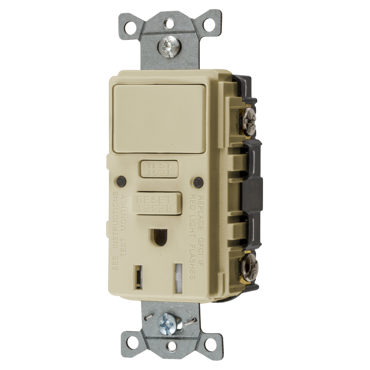 Power Protection Products, Receptacle, Self Test, GFCI and Single Pole Switch, Commercial Grade, 15A 125V, 2- Pole 3-Wire Grounding, 5-15R, Ivory