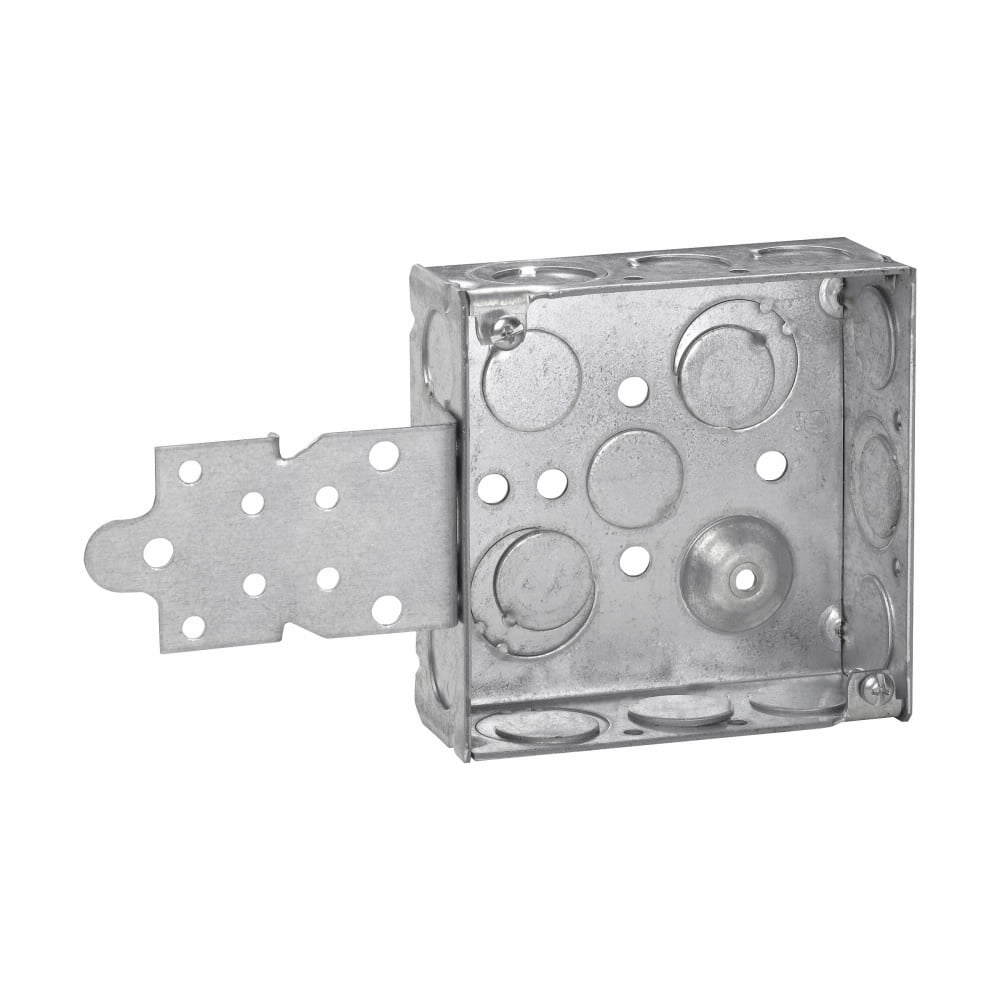 Eaton Crouse-Hinds series Square Outlet Box, (2) 1/2", (2) 1/2", (1) 3/4" E, 4", F, Conduit (no clamps), Welded, 1-1/2", Steel, (6) 1/2", (3) 1/2", (1) 3/4" E, 22.0 cubic inch capacity