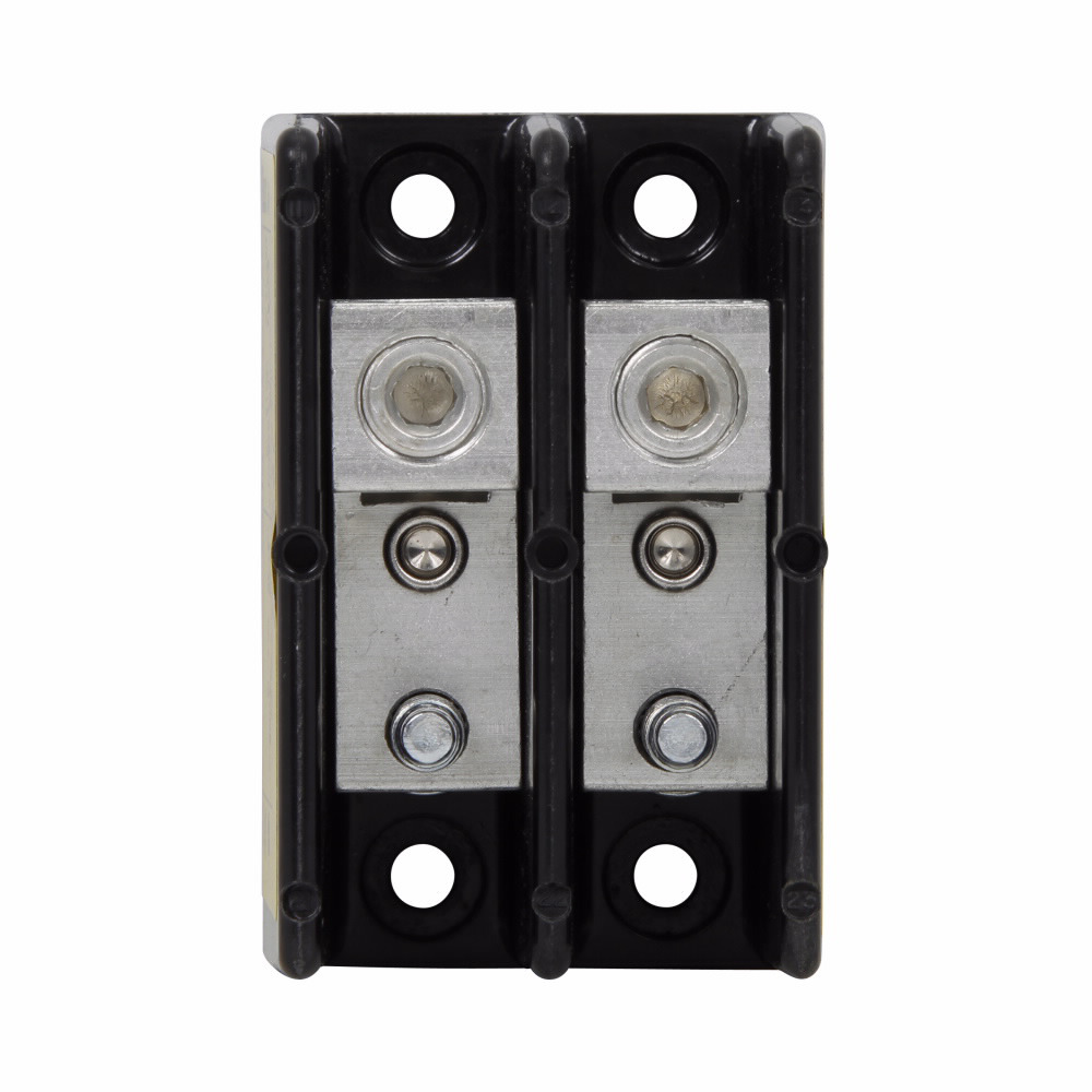 Eaton Bussmann series power terminal block, 600 Vac, 600 Vdc, 175A, Power terminal block, Two-pole, 1/4 In-20 TPI X 3/4 In Stud (Load), SCCR: 200 kA, Black, Molded Thermoplastic Base, Tin-plated aluminum connector