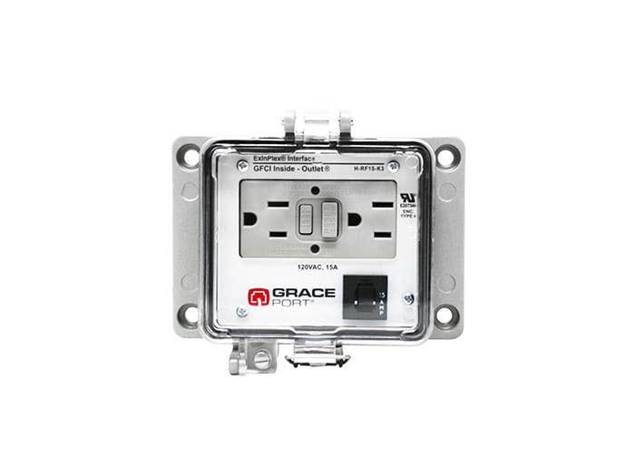 PANEL INTERFACE CONNECTOR, PANEL MOUNT HOUSING, UL TYPE 4, GFCI INSIDE-OUTLET, 15 AMP CB