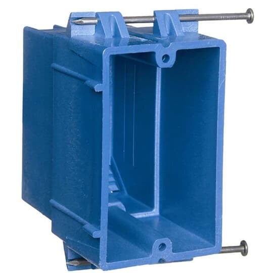 One-Gang New Work Outlet Box, Volume 22 Cubic Inches, Length 3.55 Inches, Width 2.11 Inches, Depth 3.63 Inches, Color Blue, Material PVC, Mounting Means Nails