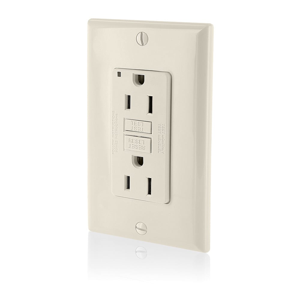 15 Amp, 125 Volt Receptacle/Outlet, 20 Amp Feed-Through, Self-test SmartLock Pro Slim GFCI, monochromatic, back and side wired, nylon wallplate/faceplate and self grounding clip included - LIGHT ALMOND