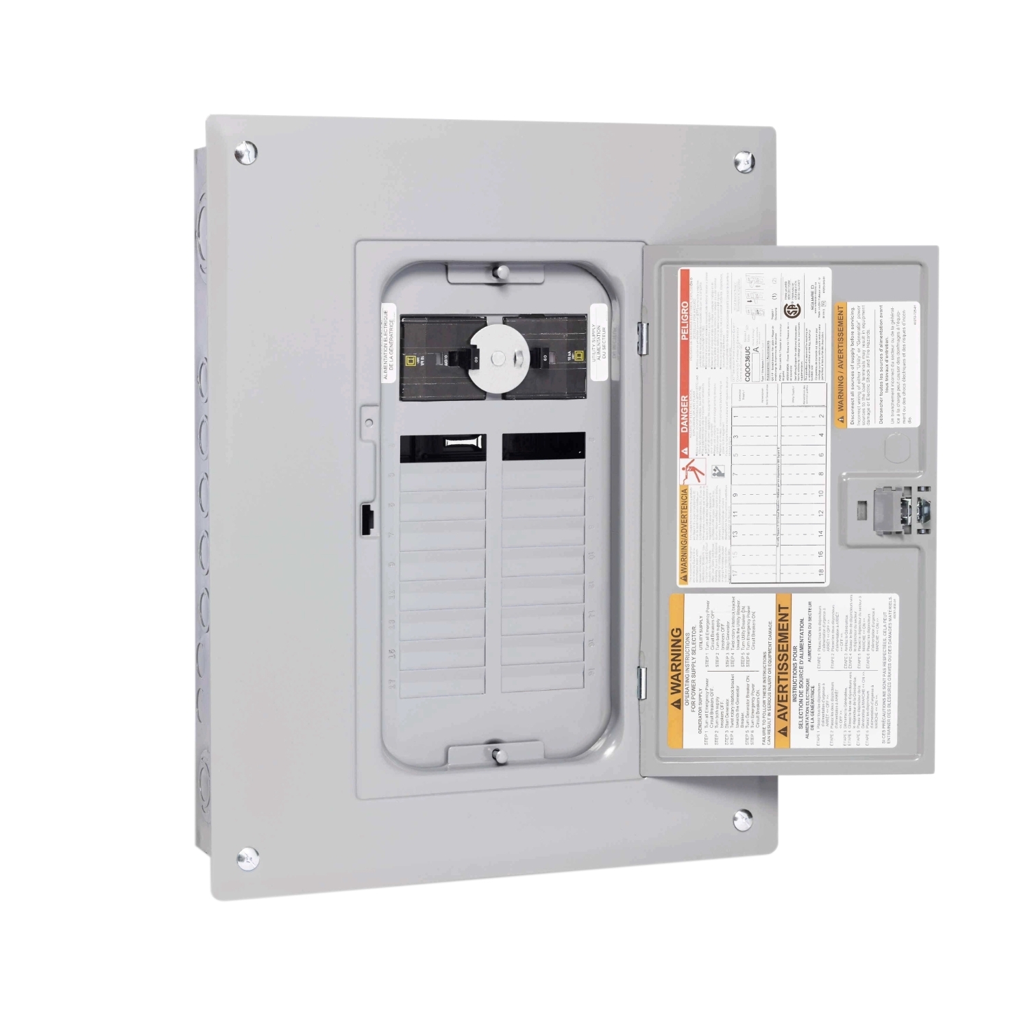 Generator panel, QO, 1 phase, 18 spaces, 36 circuits, 60A main breaker, PoN, NEMA1, cover with door