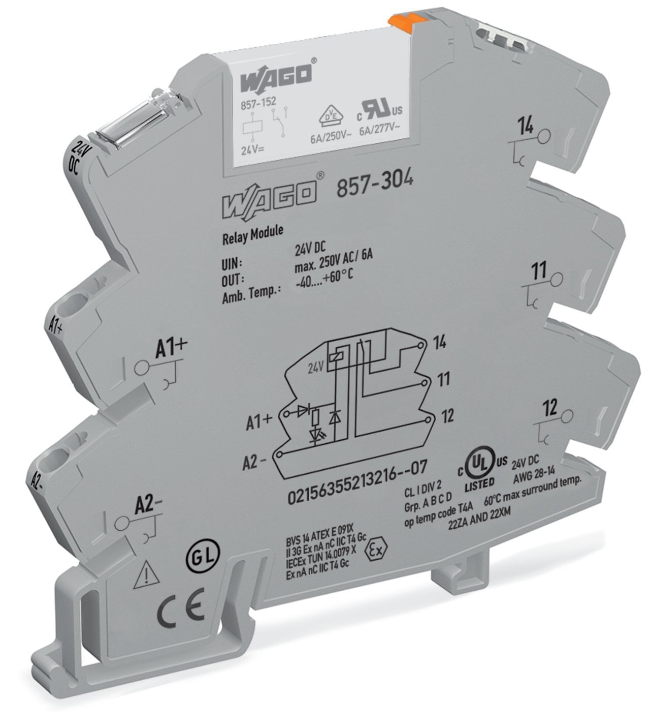 Relay module; Nominal input voltage: 24 VDC; 1 changeover contact; Limiting continuous current: 6 A; Yellow status indicator; Module width: 6 mm; 2,50 mm; gray
