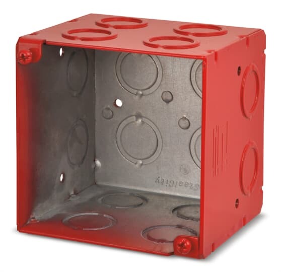 Square Box, 46.0 Cubic Inches, 4 Inch Square x 3-1/2 Inch Deep, 1/2 Inch and 3/4 Inch Eccentric Knockouts, Red, Pre-Galvanized Steel, Welded Construction, For use with Conduit