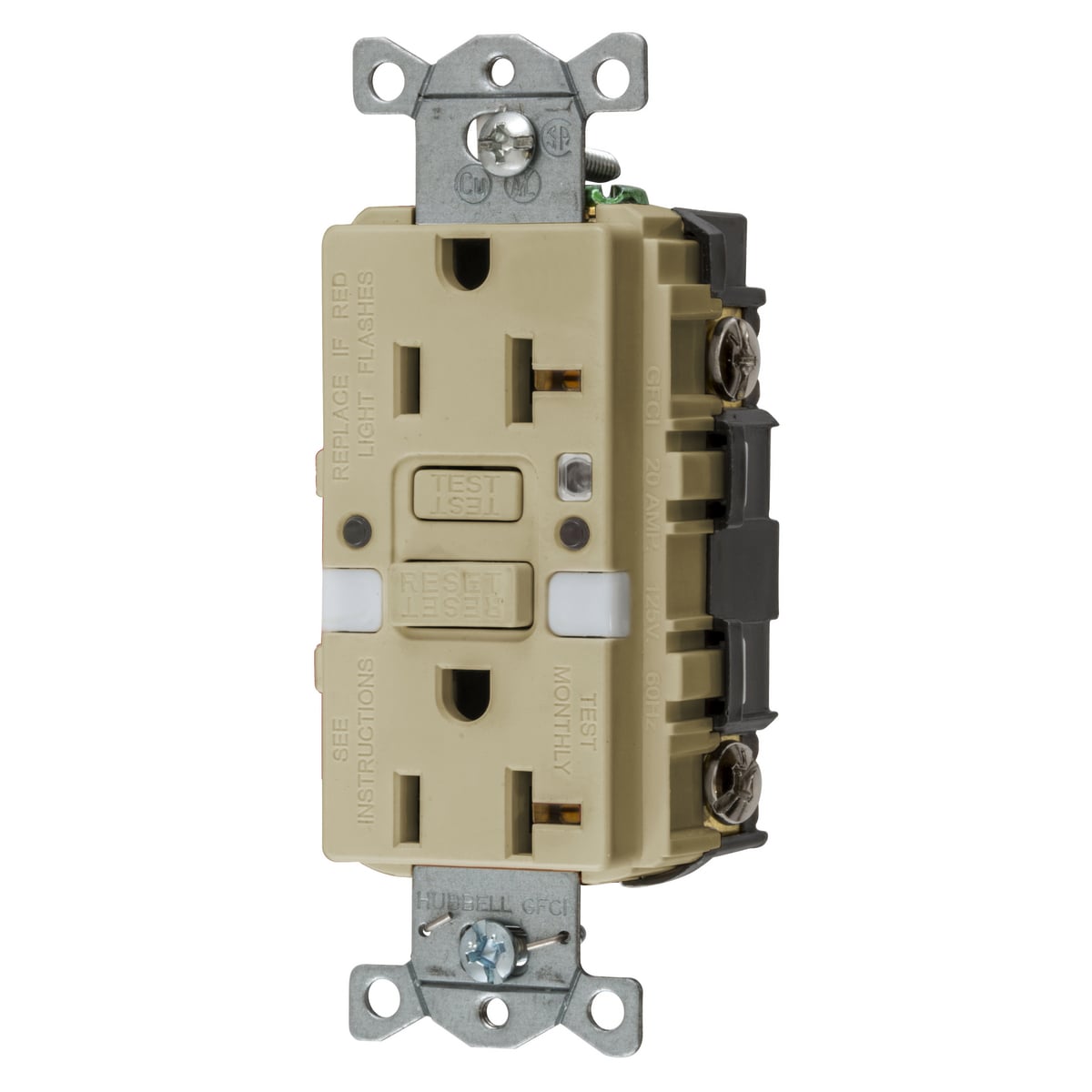 Power Protection Products, Receptacle, GFCI, Commercial Grade, Self Test, 20A 125V, 2-Pole 3-Wire Grounding, 5- 20R, With Nightlight, Ivory