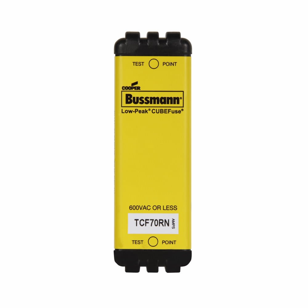 Eaton Bussmann series TCF fuse, 70 A, 60 Hz, 50 Hz, Dual, CF, Black, Non-indicating, Blade end, Time delay, 10 sec at 500%, 100 kAIC at 300 Vdc,300 kAIC at 600 V, Glass filled PES, Chassis,35 mm DIN rail, 600 V, 300 Vdc