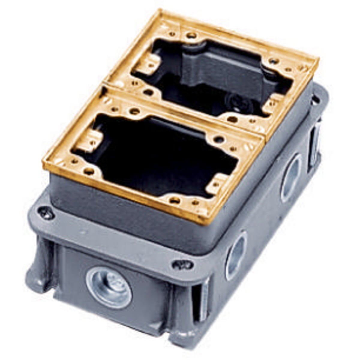 Flush Concrete Floor Box Series, 2-Gang, Rectangular Cast Iron Box, Deep, Fully Adjustable, Brass Top