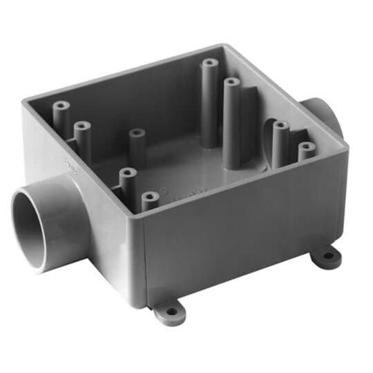 Two Gang 2FSC Box, Volume 32 Cubic Inches, Length 4.620 Inches, Width 4.620 Inches, Depth 1.980 Inches, Conduit Size 1 Inch, 2 Hubs, Material PVC, Color Gray, Pack of 10